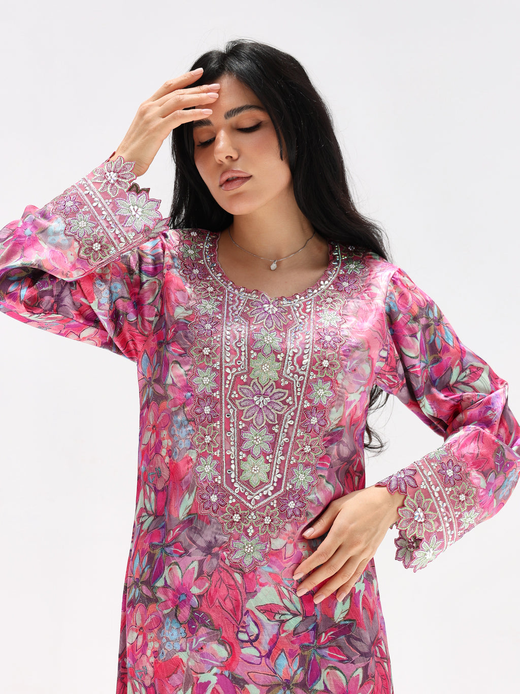 Magenta Bloom Mukhawar — embroidered jacquard silk Emirati dress (2)
