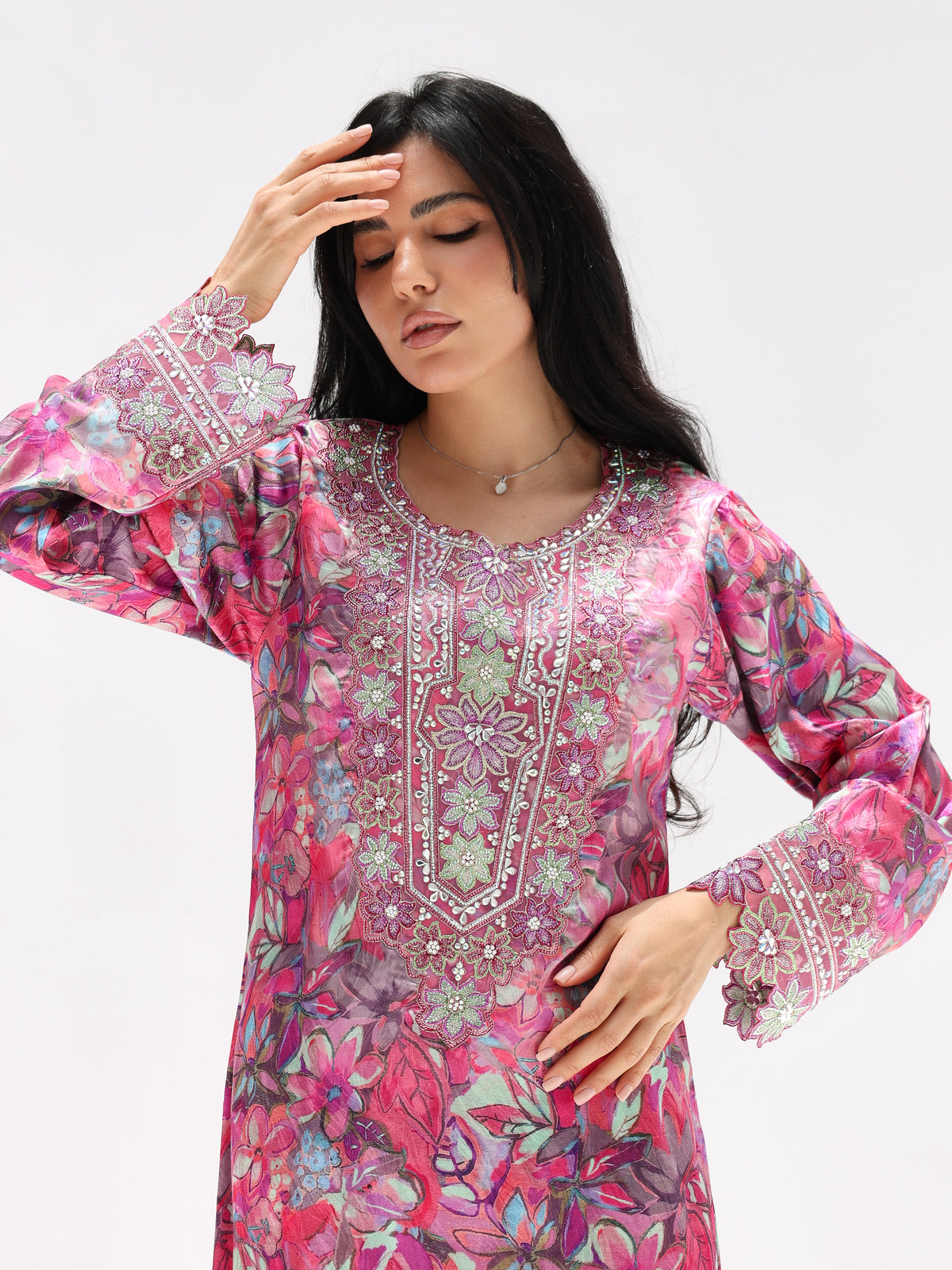 Magenta Bloom Mukhawar — embroidered jacquard silk Emirati dress (2)