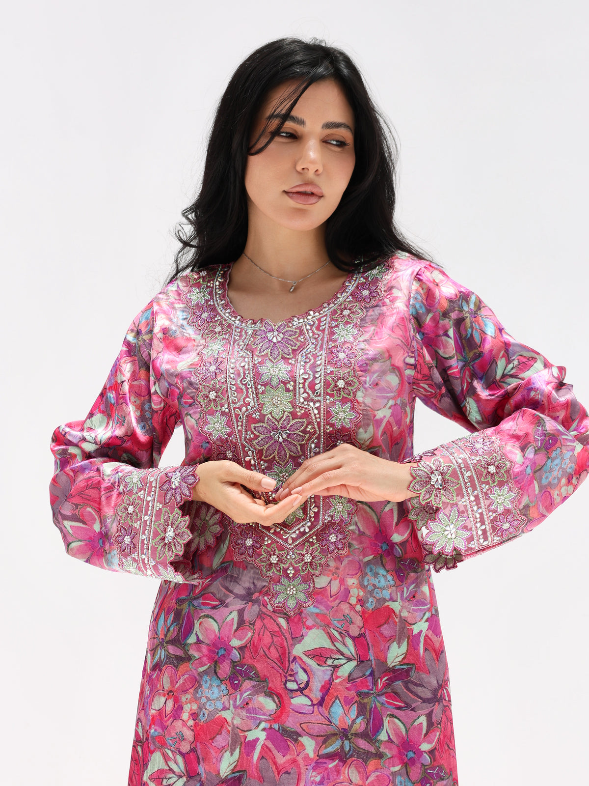 Magenta Bloom Mukhawar — embroidered jacquard silk Emirati dress (44)