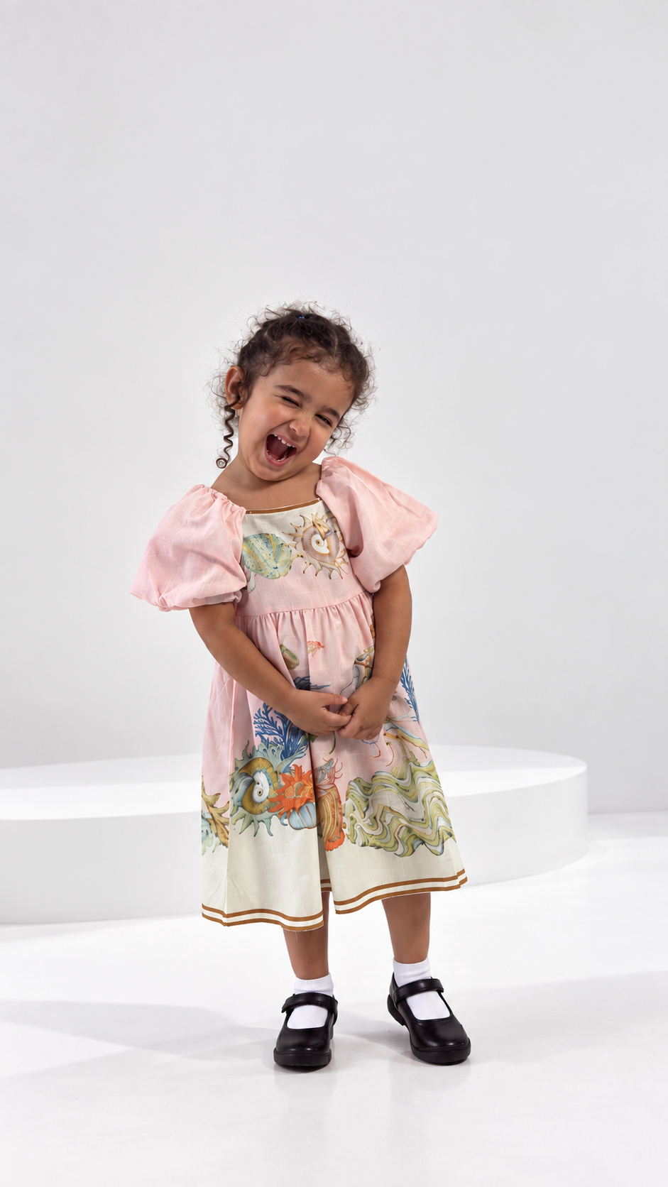Pink seashell print puff sleeve girls dress (3)