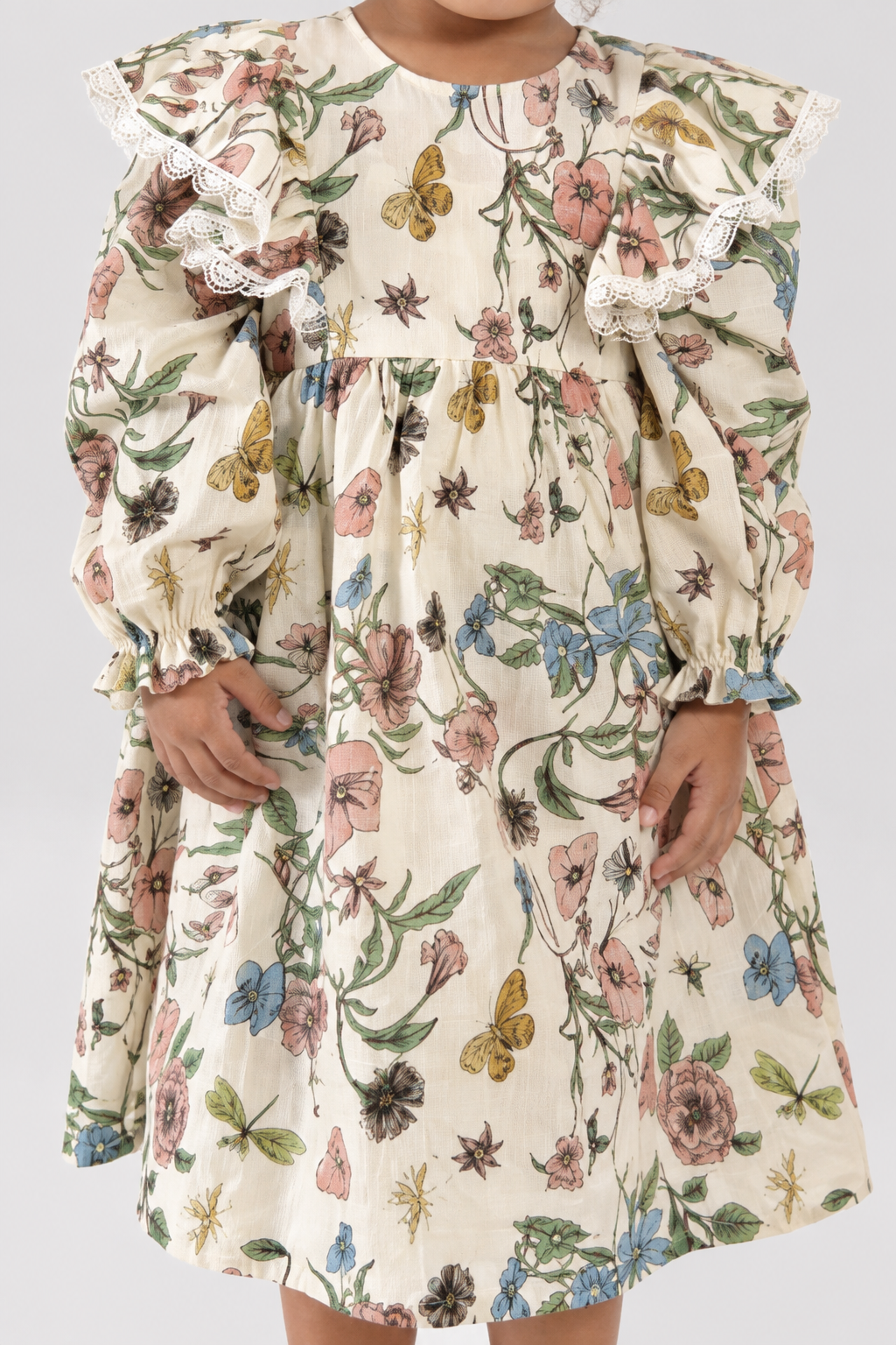 Botanical butterfly girls dress with lace ruffle shoulders (2)