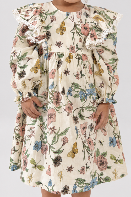 Botanical butterfly girls dress with lace ruffle shoulders (2)
