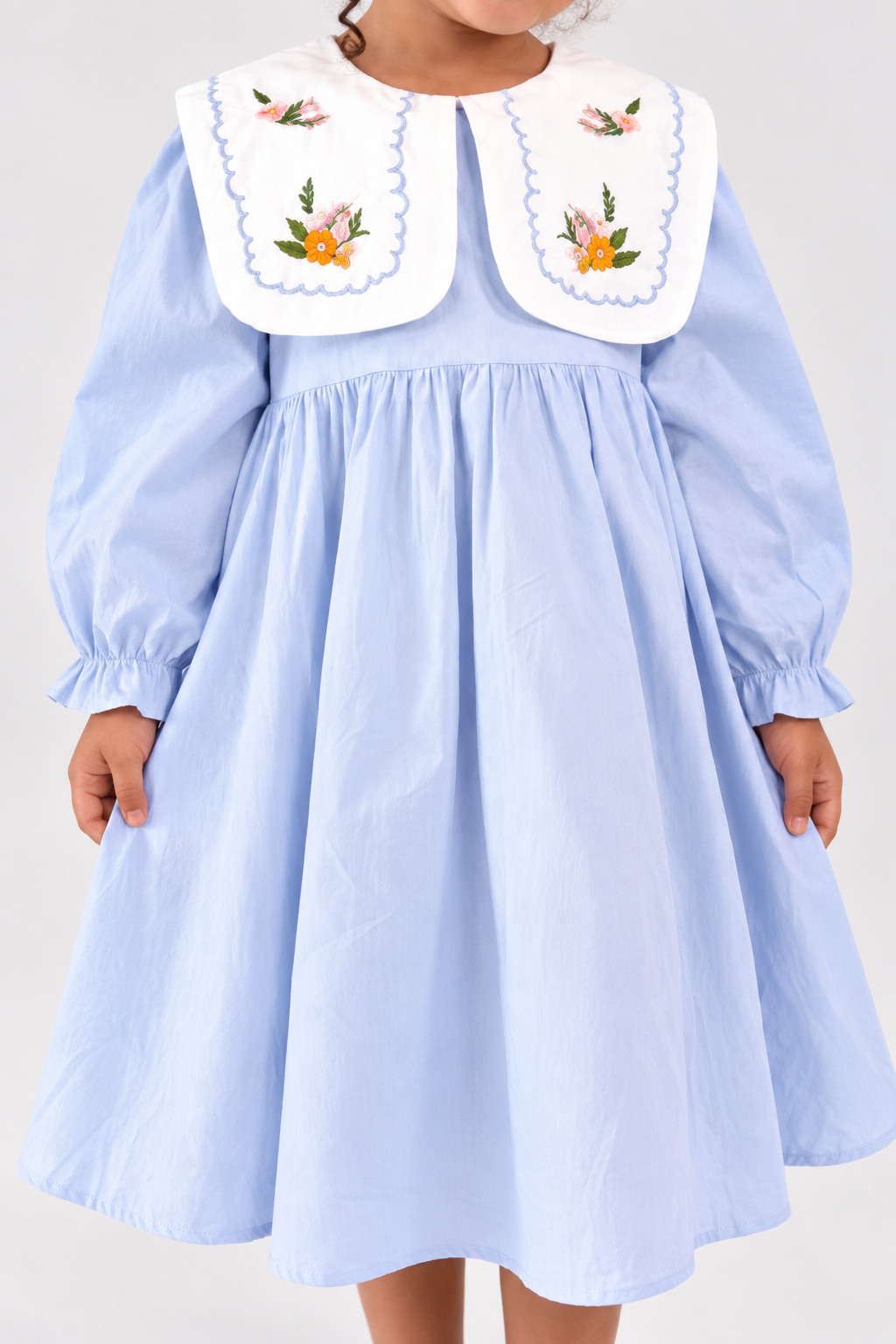 Powder blue girls dress with embroidered floral collar (3)