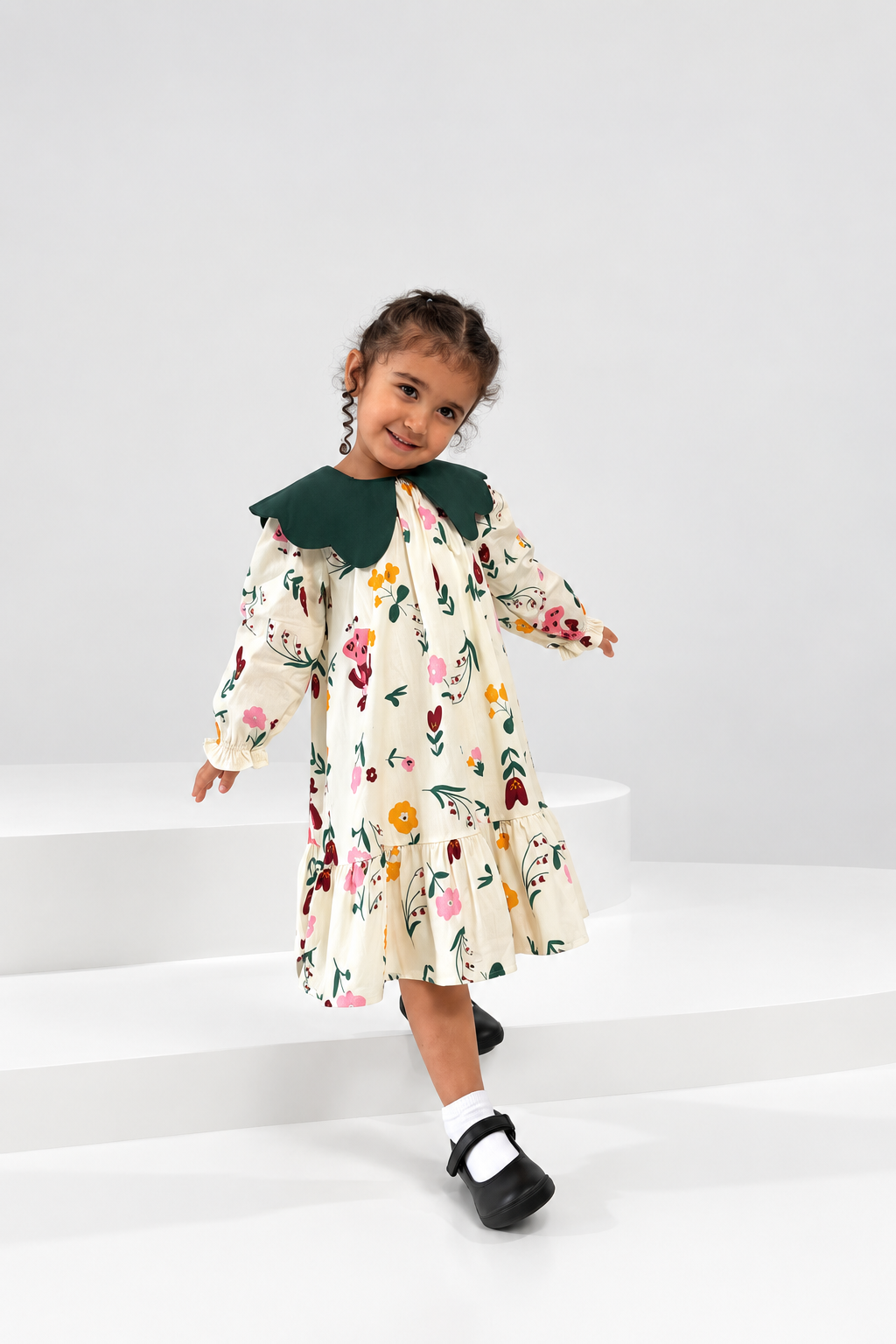 Cream floral tiered girls dress with scalloped collar (4)