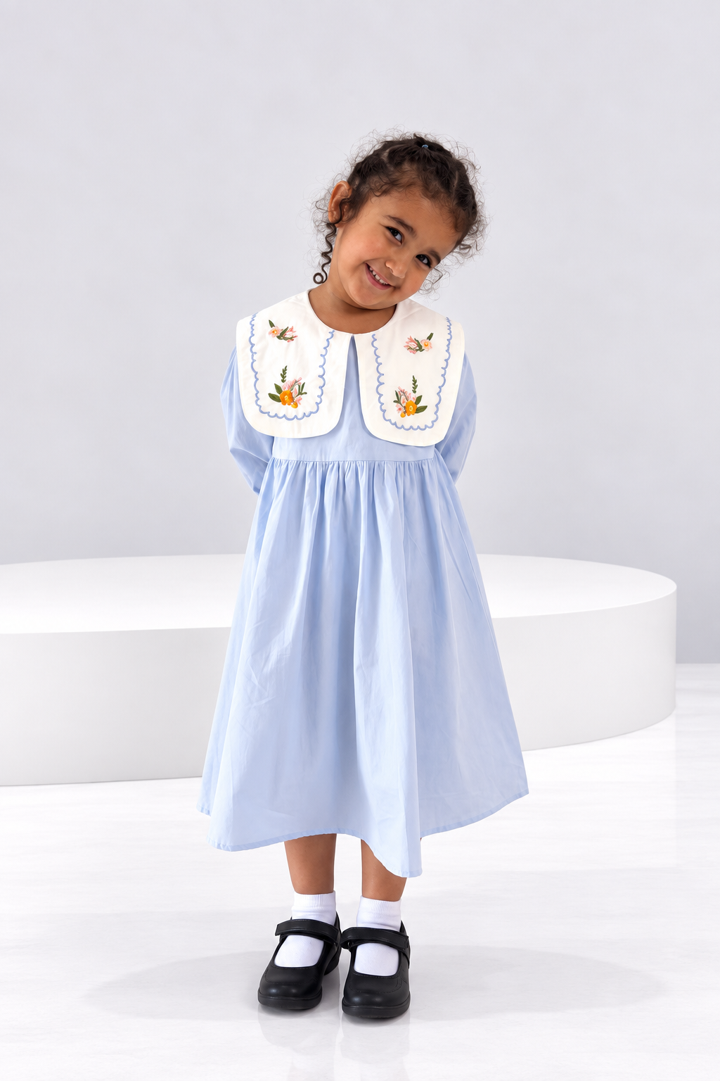 Powder blue girls dress with embroidered floral collar (2)