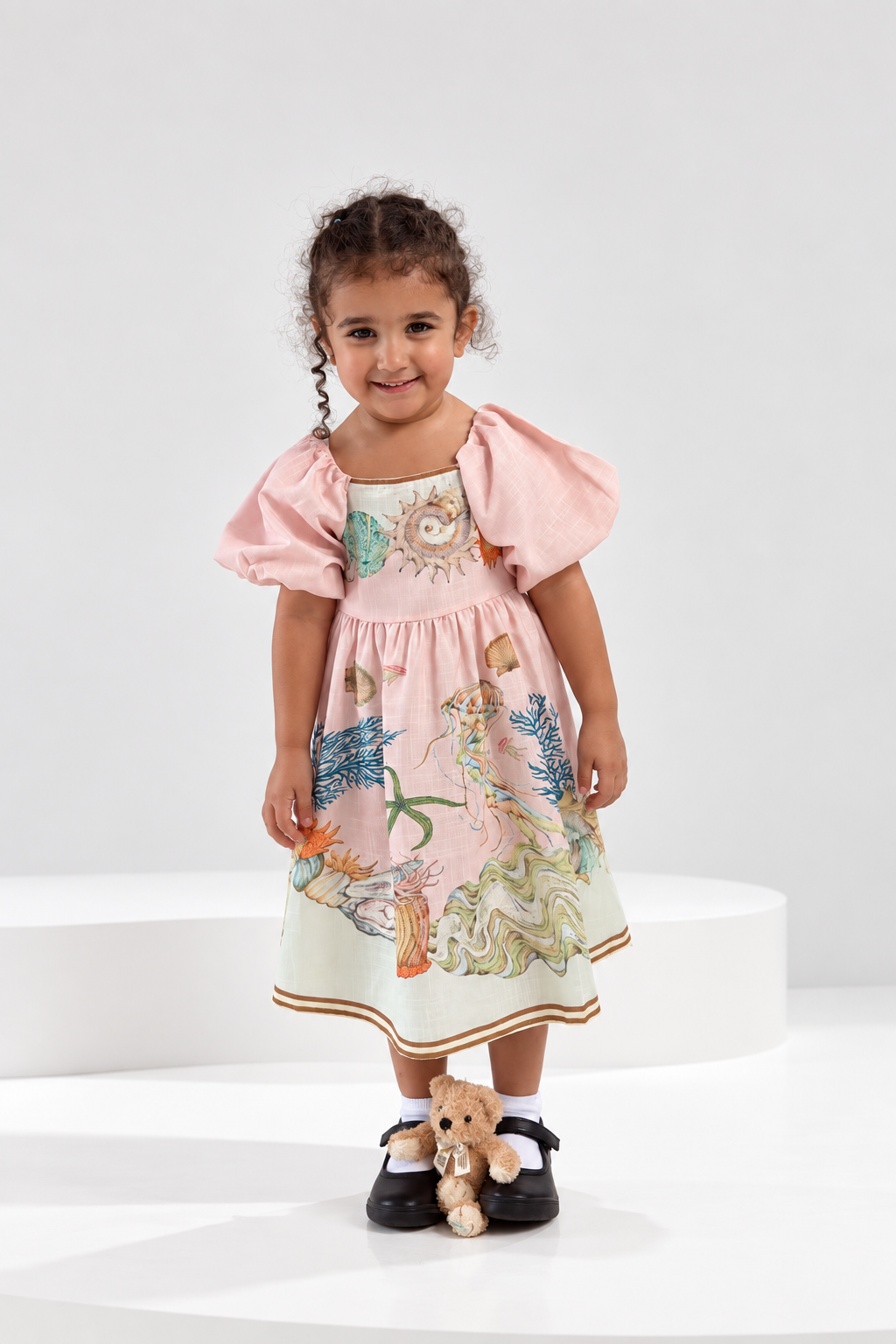 Pink seashell print puff sleeve girls dress (4)