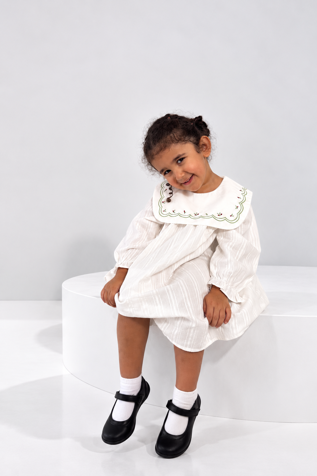 Ivory striped cotton girls dress with embroidered collar (5)