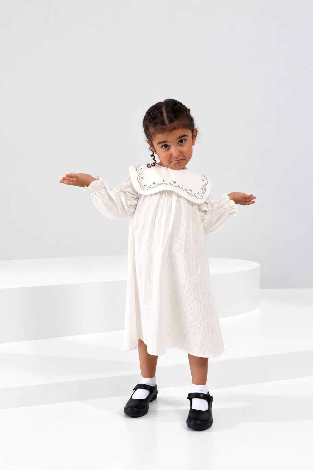 Ivory striped cotton girls dress with embroidered collar (6)