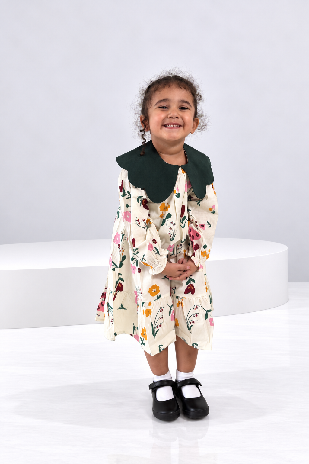 Cream floral tiered girls dress with scalloped collar (5)