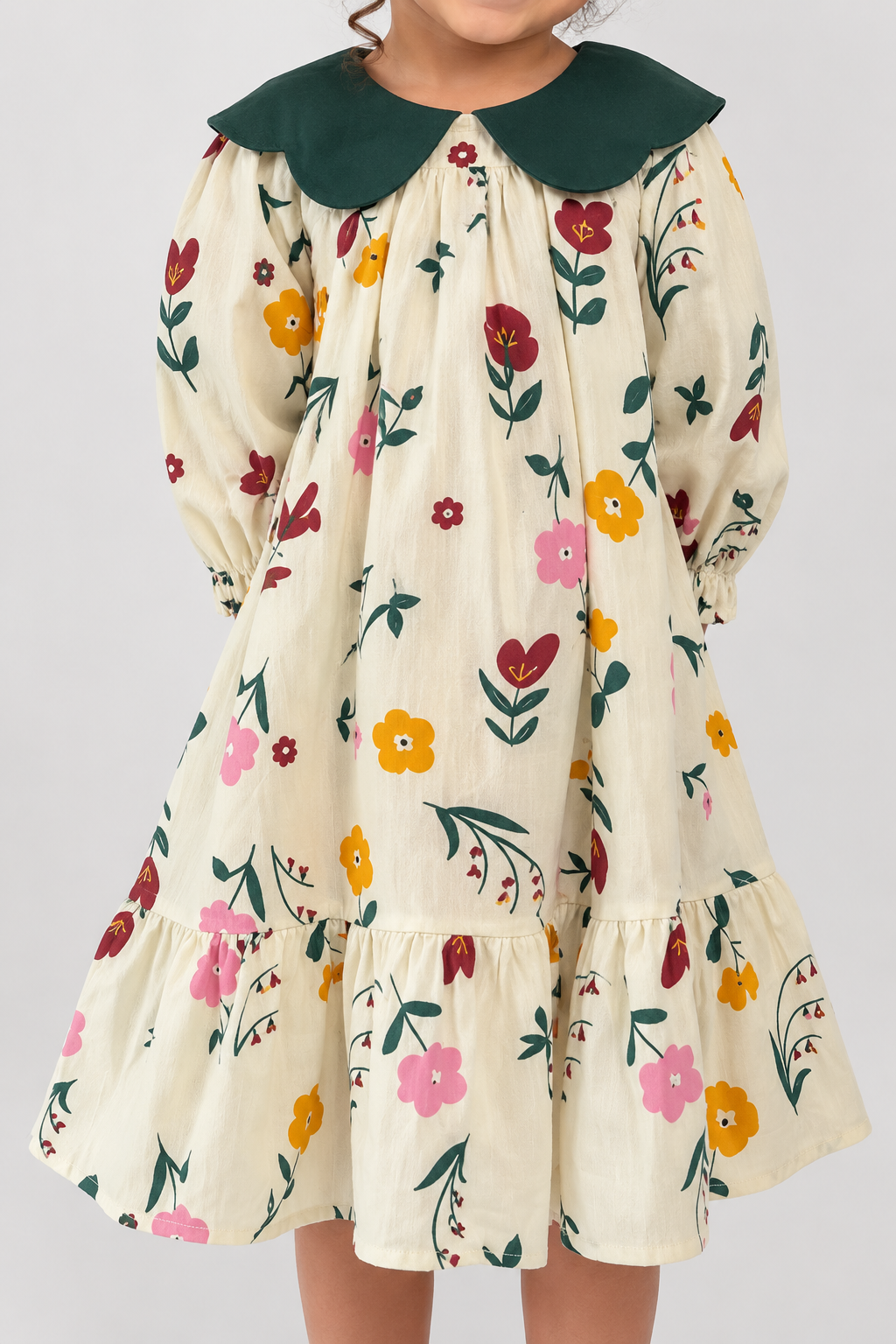 Cream floral tiered girls dress with scalloped collar (2)