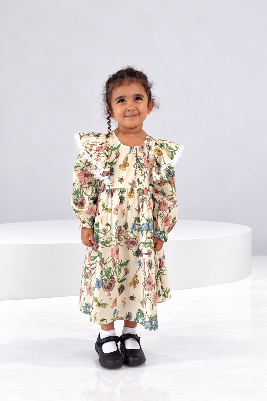 Botanical butterfly print girls dress with lace ruffle shoulders