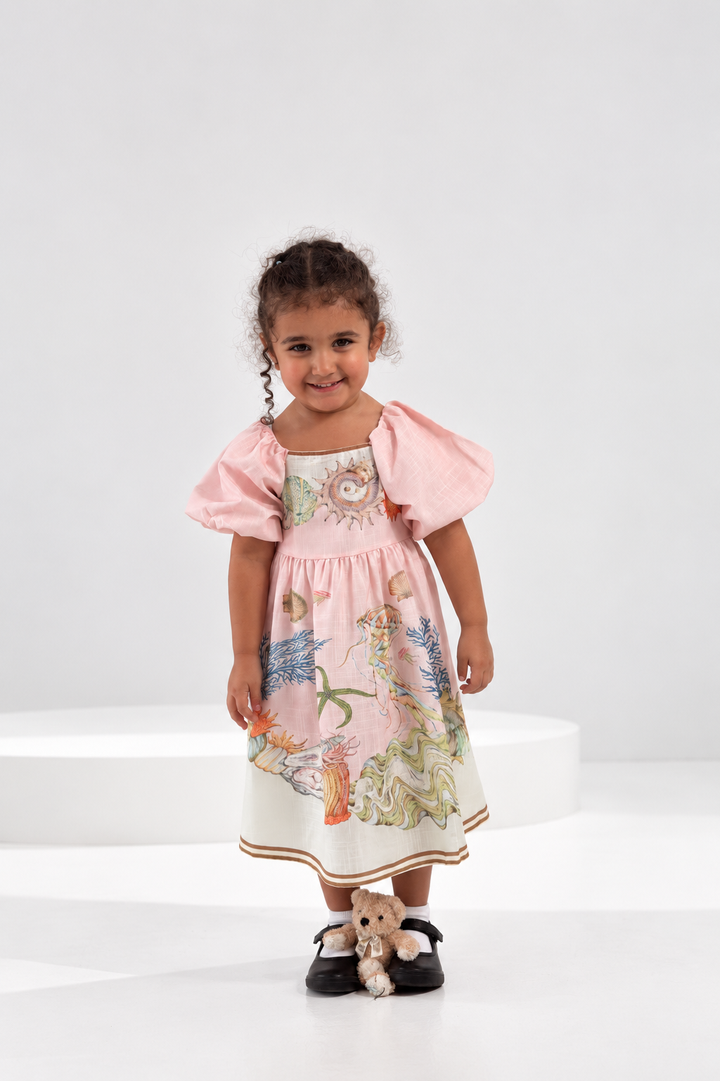 Pink seashell print puff sleeve girls dress (5)