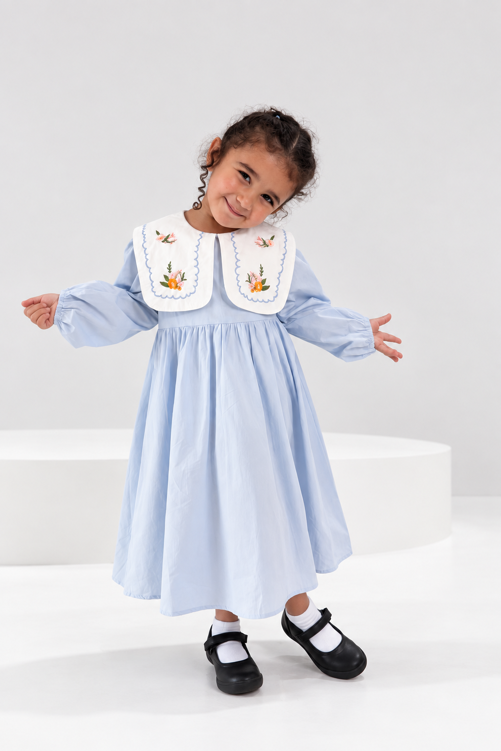 Powder blue girls dress with embroidered floral collar (5)