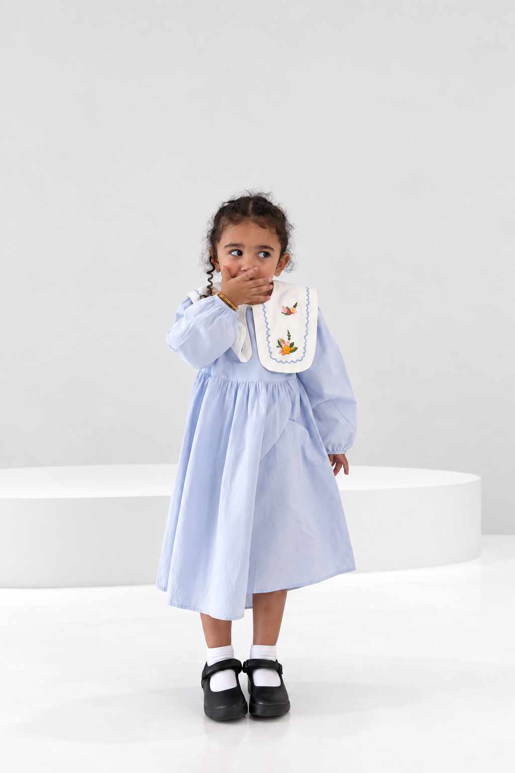 Powder blue girls dress with embroidered floral collar (4)