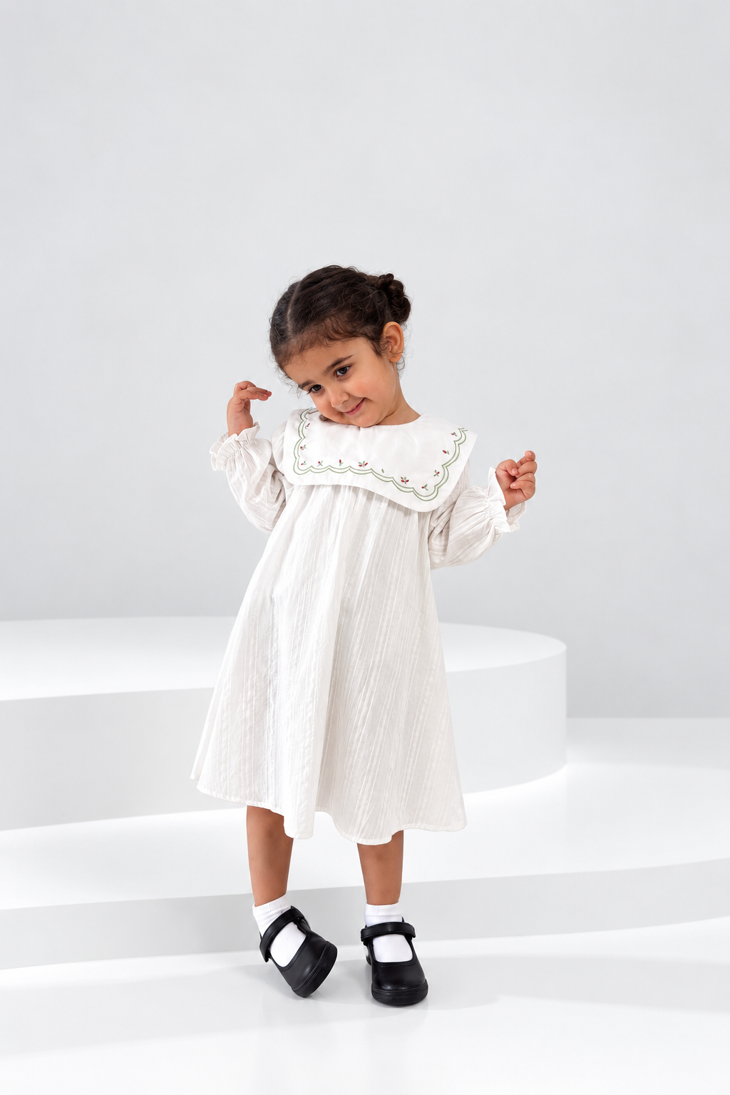 Ivory striped cotton girls dress with embroidered collar (2)